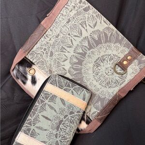 Myra Bag Teal and black Canvas Tote with Cream Lining with matching wallet